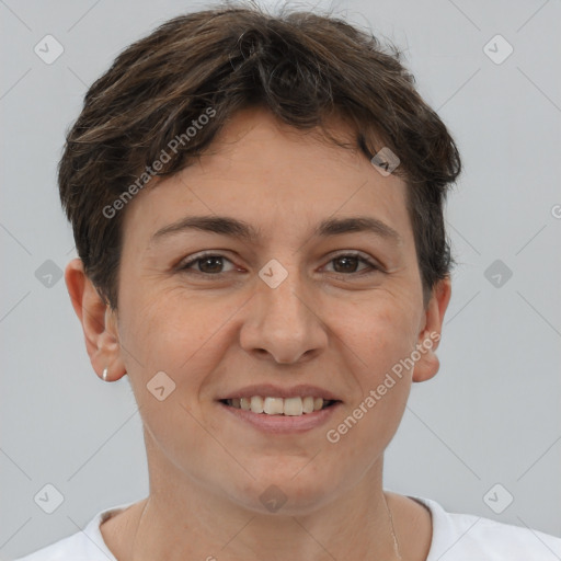 Joyful white adult female with short  brown hair and brown eyes