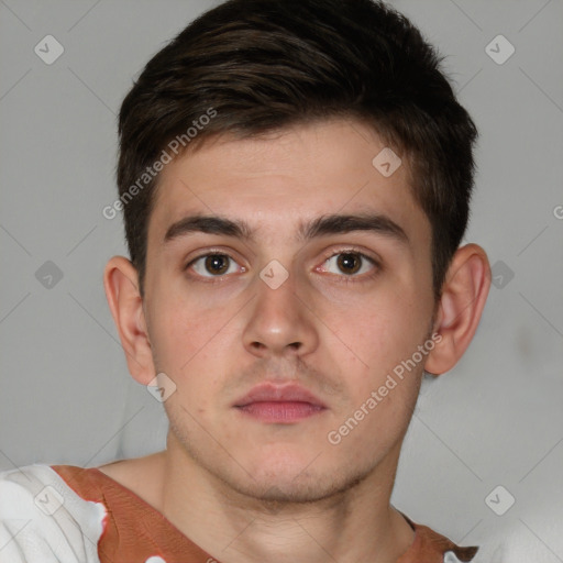 Neutral white young-adult male with short  brown hair and brown eyes