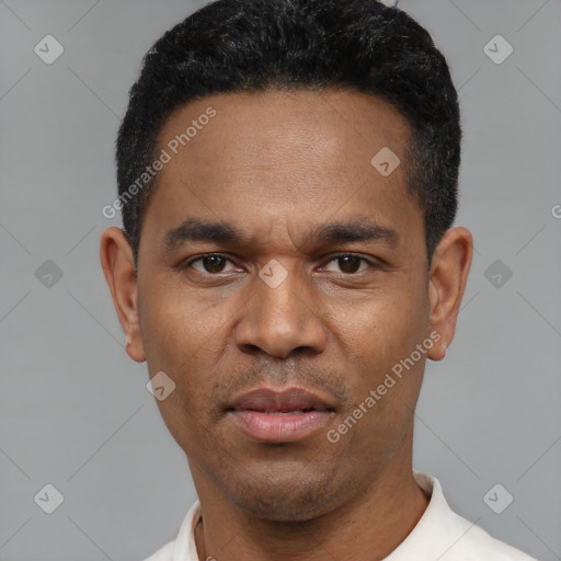 Neutral latino young-adult male with short  black hair and brown eyes