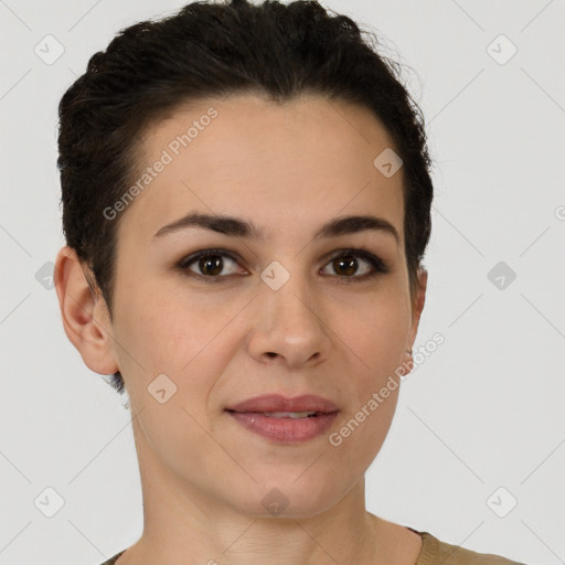 Joyful white young-adult female with short  brown hair and brown eyes