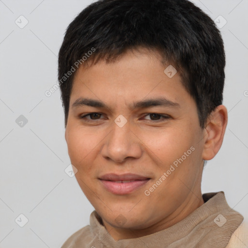 Joyful latino young-adult male with short  brown hair and brown eyes