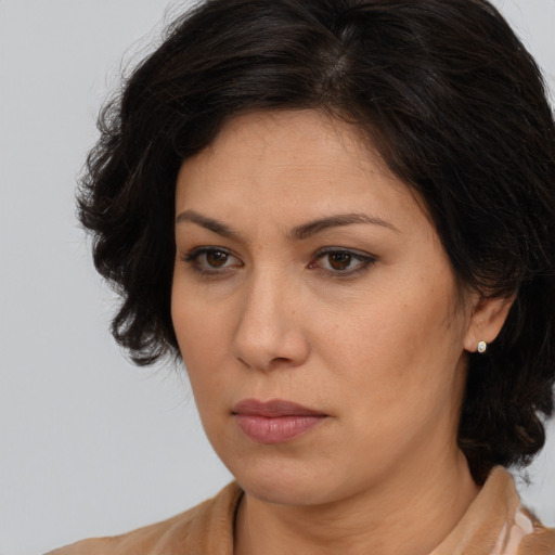 Neutral asian young-adult female with long  brown hair and brown eyes