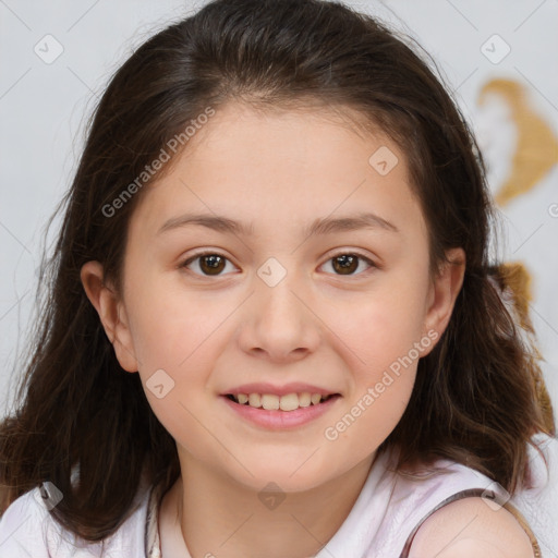 Joyful white child female with medium  brown hair and brown eyes