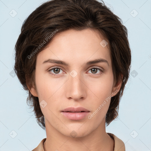 Neutral white young-adult female with medium  brown hair and brown eyes