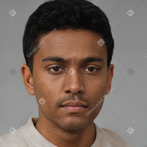 Neutral latino young-adult male with short  brown hair and brown eyes