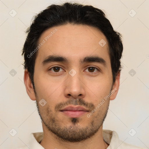 Neutral asian young-adult male with short  black hair and brown eyes