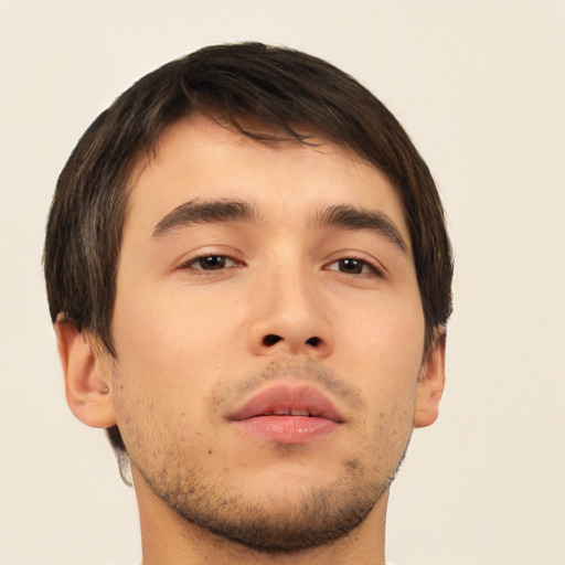 Neutral asian young-adult male with short  brown hair and brown eyes