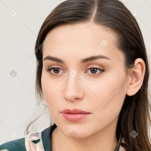 Neutral white young-adult female with long  brown hair and brown eyes