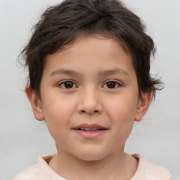 Joyful white child female with short  brown hair and brown eyes