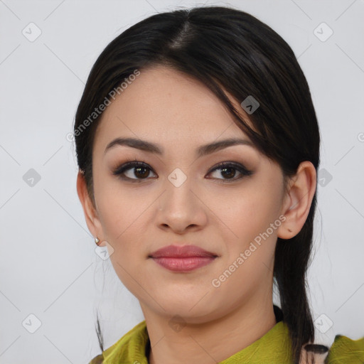 Joyful white young-adult female with medium  brown hair and brown eyes