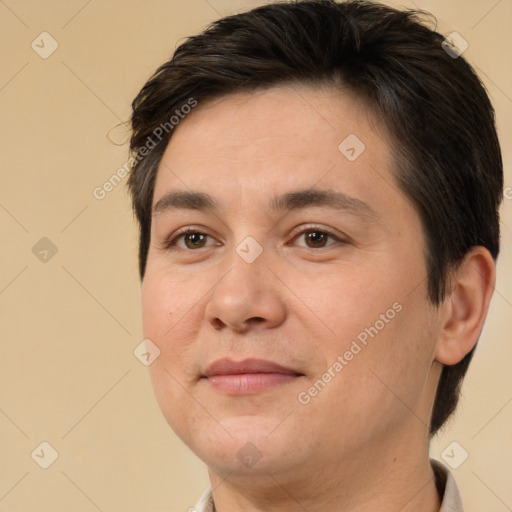 Joyful white adult male with short  brown hair and brown eyes