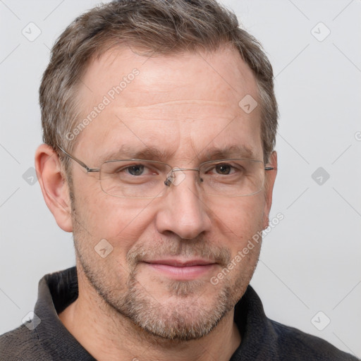 Joyful white adult male with short  brown hair and grey eyes