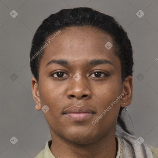 Neutral black young-adult female with short  black hair and brown eyes