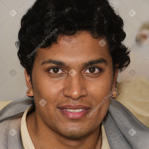 Joyful latino young-adult male with short  brown hair and brown eyes