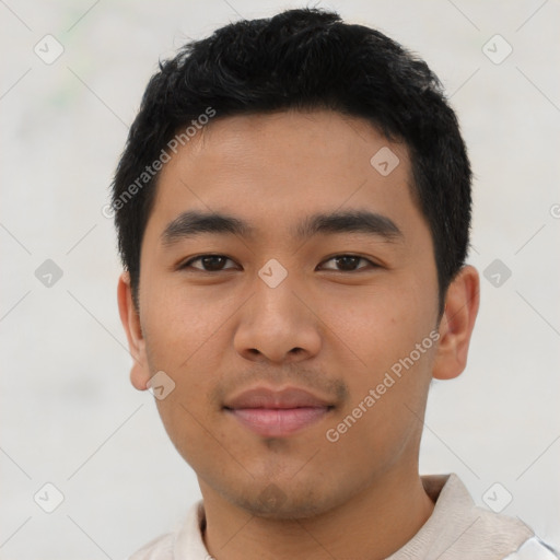 Neutral asian young-adult male with short  black hair and brown eyes