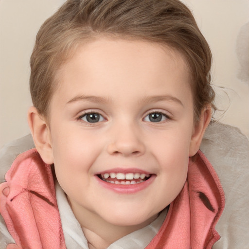 Joyful white child female with medium  brown hair and blue eyes