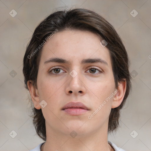 Neutral white young-adult female with medium  brown hair and brown eyes