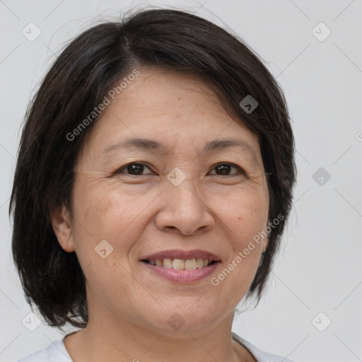 Joyful white adult female with medium  brown hair and brown eyes