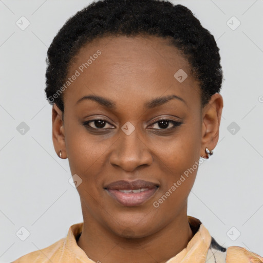 Joyful latino young-adult female with short  black hair and brown eyes