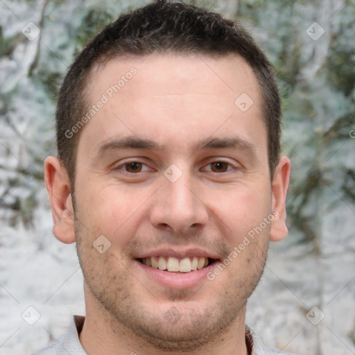 Joyful white young-adult male with short  brown hair and brown eyes