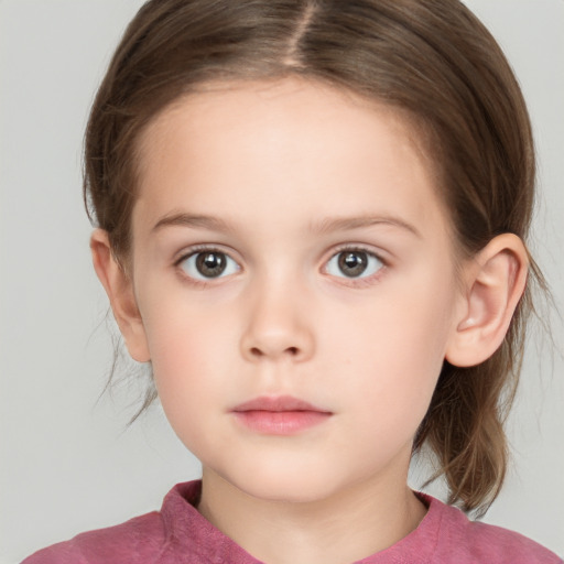 Neutral white child female with medium  brown hair and grey eyes