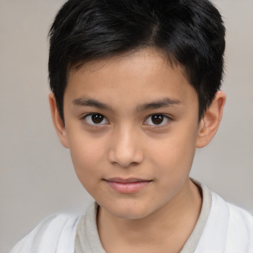 Joyful asian child male with short  brown hair and brown eyes