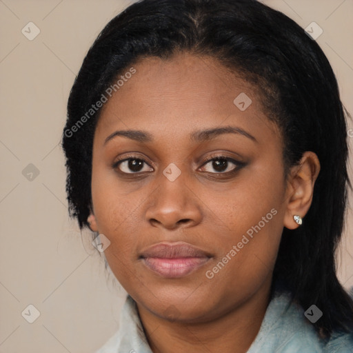 Joyful latino young-adult female with medium  black hair and brown eyes