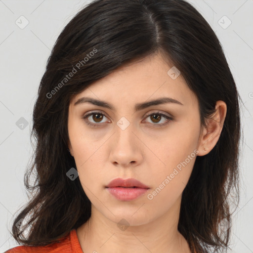 Neutral asian young-adult female with medium  brown hair and brown eyes