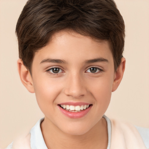 Joyful white child female with short  brown hair and brown eyes