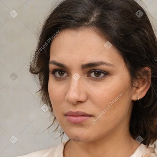 Neutral white young-adult female with medium  brown hair and brown eyes