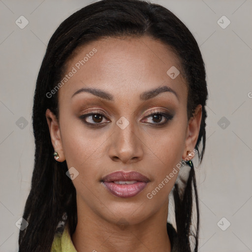 Joyful latino young-adult female with long  brown hair and brown eyes