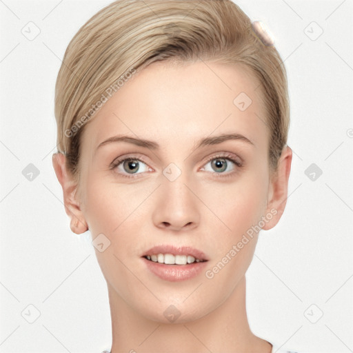 Joyful white young-adult female with short  brown hair and grey eyes