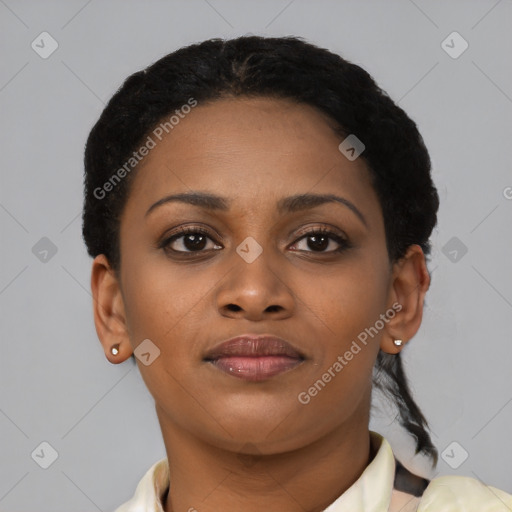 Neutral black young-adult female with short  black hair and brown eyes