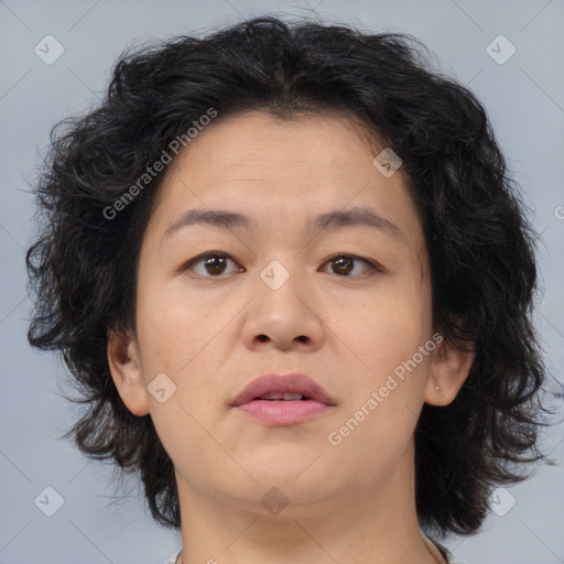 Neutral asian young-adult female with medium  brown hair and brown eyes