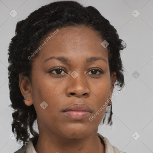 Neutral black young-adult female with medium  brown hair and brown eyes