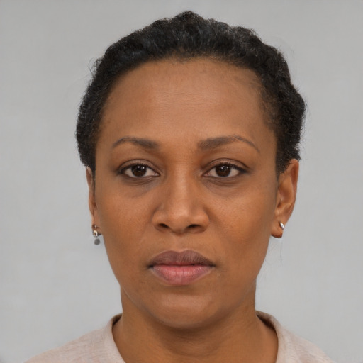 Neutral black adult female with short  black hair and brown eyes