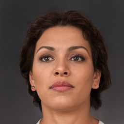 Neutral white young-adult female with short  brown hair and brown eyes