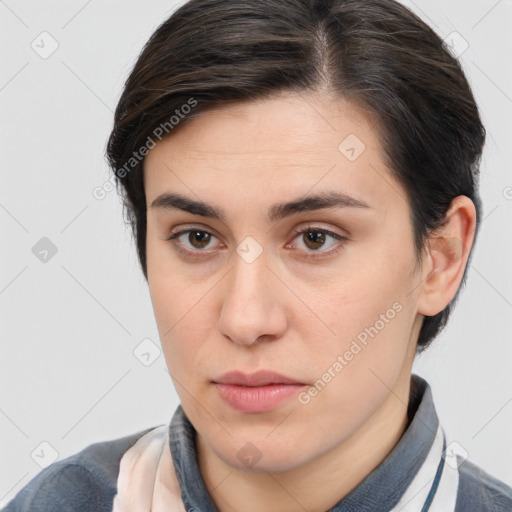 Neutral white young-adult female with medium  brown hair and brown eyes