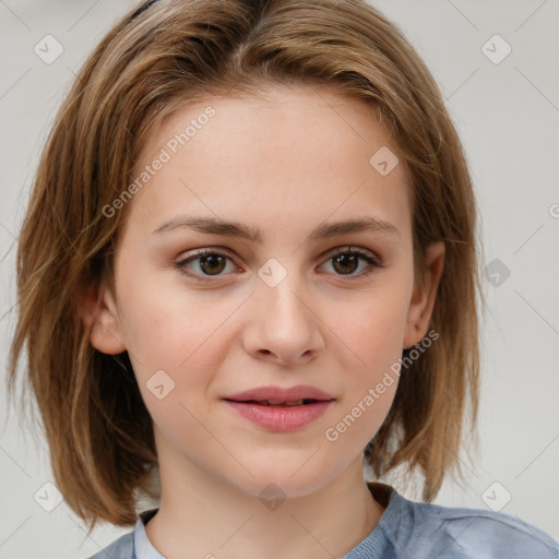 Joyful white child female with medium  brown hair and brown eyes