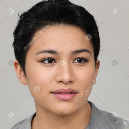 Joyful asian young-adult female with short  black hair and brown eyes