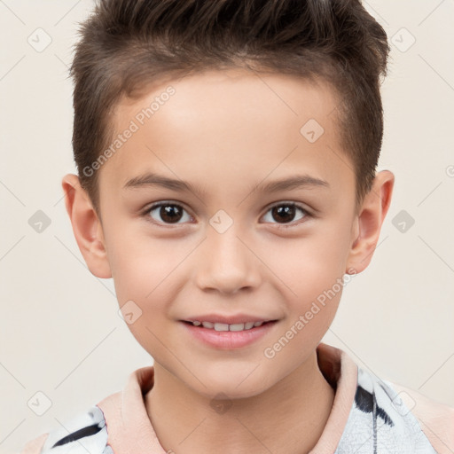 Joyful white child male with short  brown hair and brown eyes