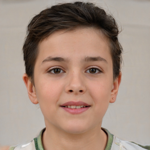 Joyful white child female with short  brown hair and brown eyes