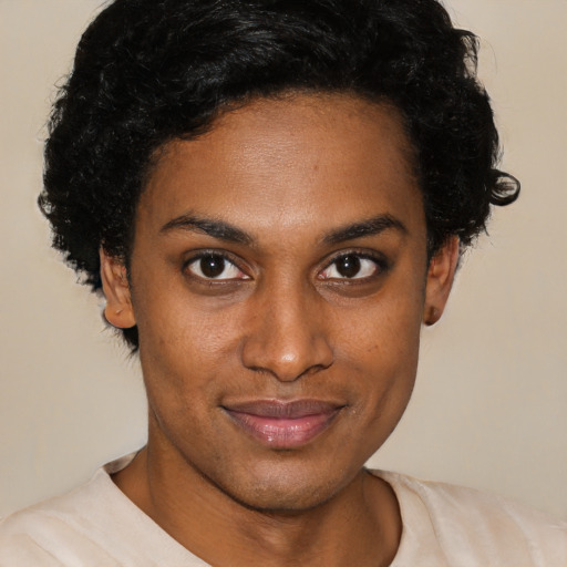 Joyful black young-adult female with short  black hair and brown eyes