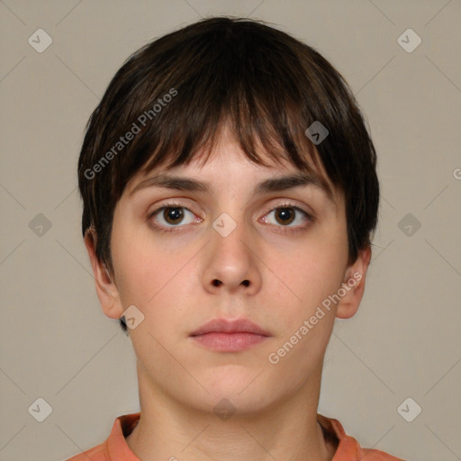 Neutral white young-adult female with short  brown hair and brown eyes