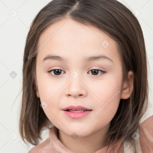 Joyful white child female with medium  brown hair and brown eyes