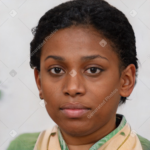 Neutral black young-adult female with short  brown hair and brown eyes