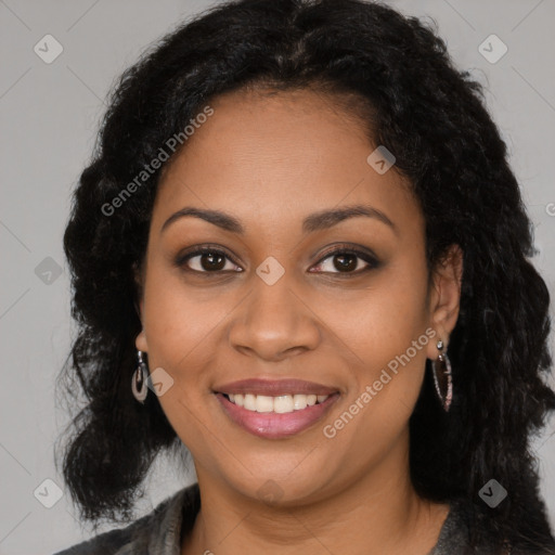 Joyful latino young-adult female with long  brown hair and brown eyes