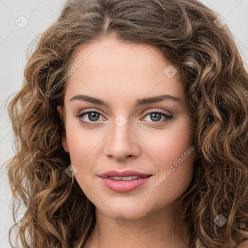 Joyful white young-adult female with long  brown hair and green eyes