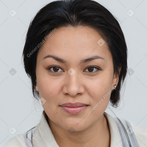 Joyful latino young-adult female with medium  brown hair and brown eyes