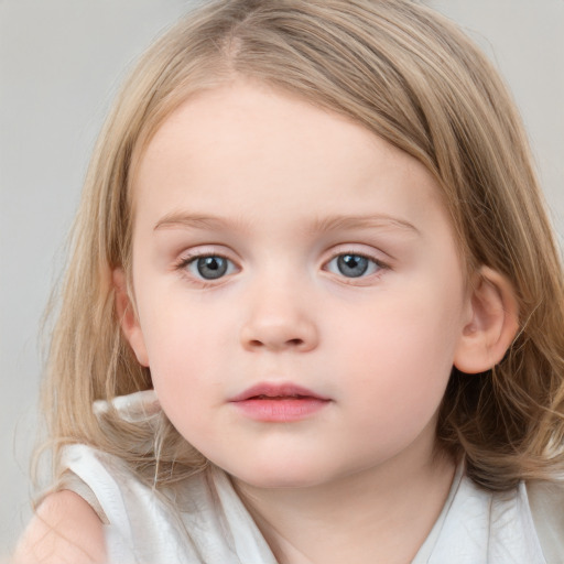 Neutral white child female with medium  brown hair and blue eyes